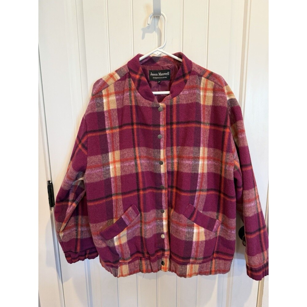 Jason Maxwell Jacket Womens 2X Plus Berry Purple Plaid Fleece Snap Front Lined